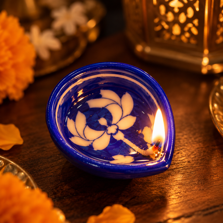 Blue Pottery Diya Set of 3, Boxed | Namkeen Queens x Ekatra