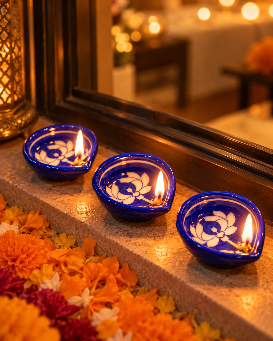 Blue Pottery Diya Set of 3, Boxed | Namkeen Queens x Ekatra