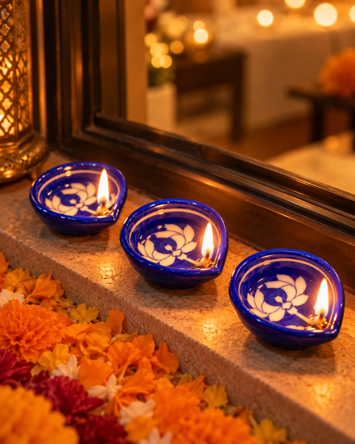 Blue Pottery Diya Set of 3, Boxed | Namkeen Queens x Ekatra