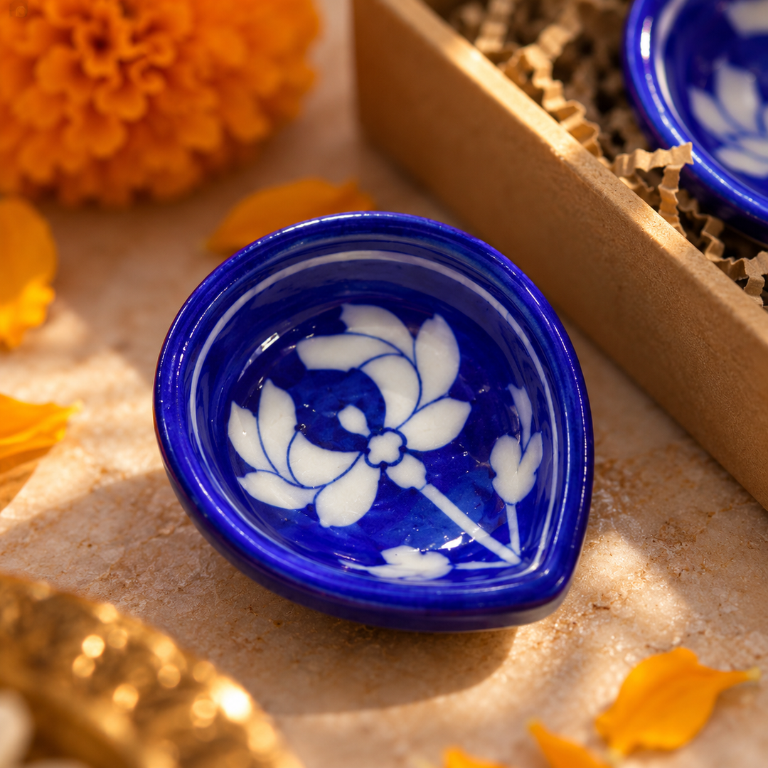 Blue Pottery Diya Set of 3, Boxed | Namkeen Queens x Ekatra