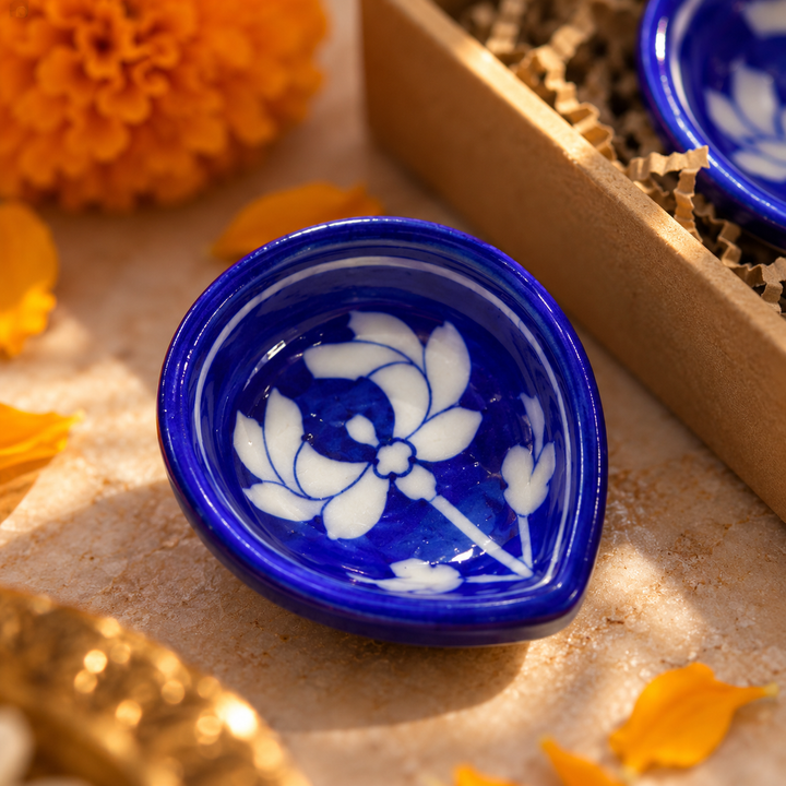 Blue Pottery Diya Set of 3, Boxed | Namkeen Queens x Ekatra