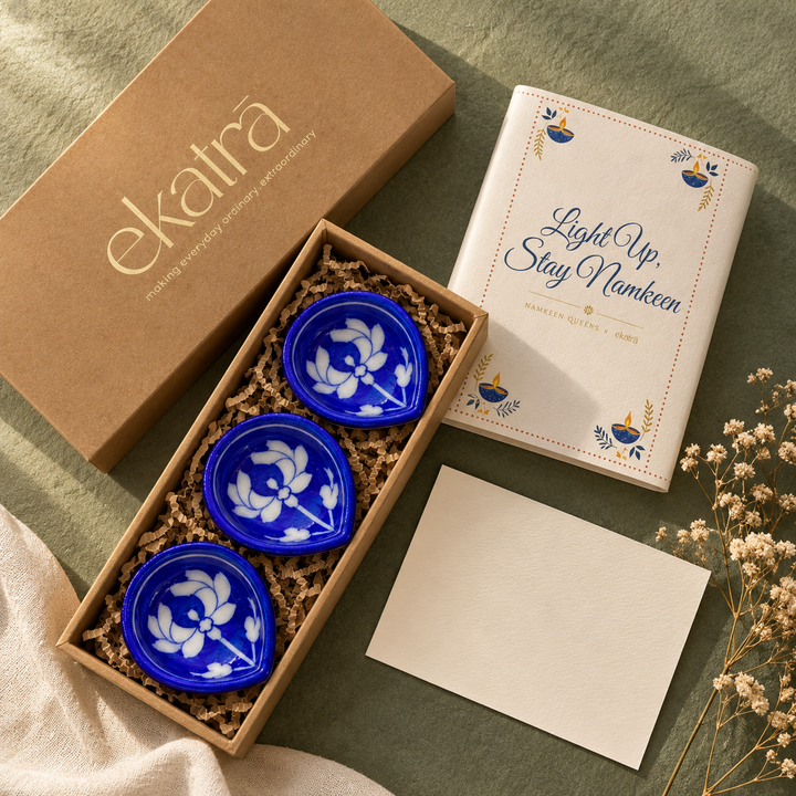 Blue Pottery Diya Set of 3, Boxed | Namkeen Queens x Ekatra