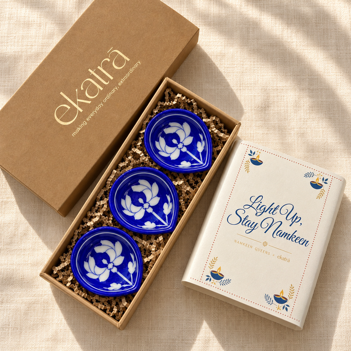 Blue Pottery Diya Set of 3, Boxed | Namkeen Queens x Ekatra