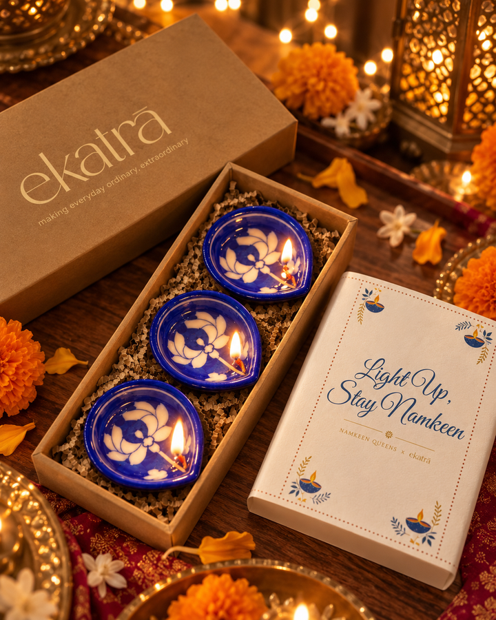 Blue Pottery Diya Set of 3, Boxed | Namkeen Queens x Ekatra