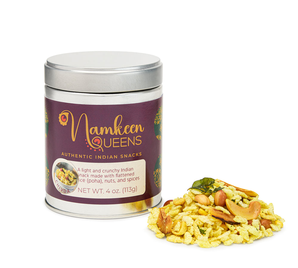 Cylindrical metal tin of 4 oz with chivda